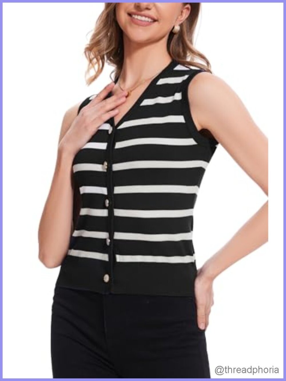 Women's V-Neck Striped Sleeveless Knit Vest Sweater Button Up Summer Casual Top